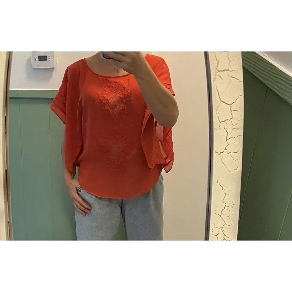 THML Anthropologie Orange Embroidered Cape Flutter Sleeve Sheer Sz M